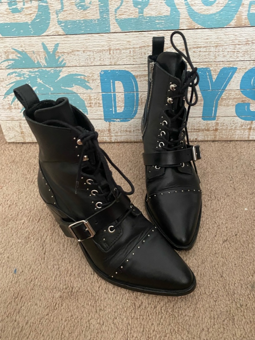 All Saints Black Leather Lace-Up Combat Boots with Buckle